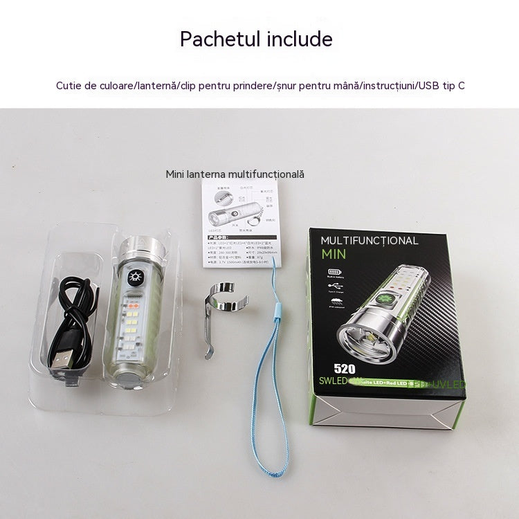 👍👍Lanternă compactă de mare intensitate cu lumină laterală multifuncțională, încărcare rapidă Type-C, portabilitate și durată de viață ultra-lungă a bateriei.
