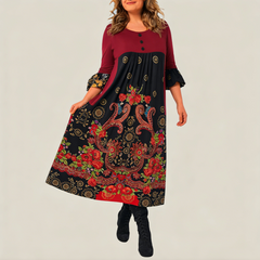 Női hosszú ujjú, retro mintás ruha – kényelmes, zsebes, elegáns stílus