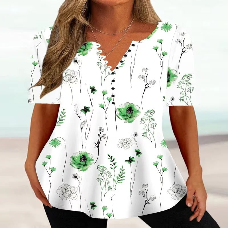 👕 Tricou Casual de Vară din Bumbac cu Imprimeu Floral – Decolteu în V cu Nasturi, Croială Lejeră Anti-Transpirație, 6 Culori, Mărimi S-4XL! 🌸🍃