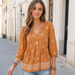 Bluză Lejeră de Damă cu Imprimeu Etnic, Cămașă Boho Chic de Vară cu Șiret și Ciucuri, Material Moale și Respirabil