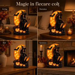 Lampă de Noapte Sculptată "Vrăjitoarea pe Lună" cu Dovleci Luminați – Statuetă Gotică Mistică cu Lumini LED pentru Decor de Casă și Atmosferă Magică