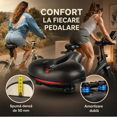 Șa Bicicletă Universală MTB, Extra Lată și Confortabilă cu Spumă cu Memorie – Design Ergonomic Respirabil cu Decupaj Central și Bile Antişoc pentru Drumuri Lungi