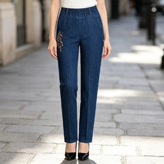 Blugi Drepți cu Talie Înaltă pentru Femei, cu Broderie Florală – Pantaloni Elastici din Bumbac Confortabil, Efect de Subțiere și Întinerire