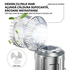 Felinar de Camping 3 în 1 cu Încărcare Solară și Ventilator Pliabil, Lampă LED Telescopică, Funcție Power Bank de Urgență, Reîncărcabil USB