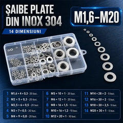 Set Șaibe Plate Subțiri și Îngroșate din Oțel Inoxidabil 304 (M1.6-M20, 14 Dimensiuni) - Șaibe Metalice Rotunde Anti-Rugină cu Cutie de Organizare pentru Șuruburi