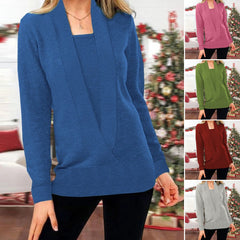 Egyszínű kötött pulóver, ál-kétrétegű dizájn – beépített top hatású belső résszel