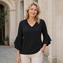 Bluză Elegantă de Damă cu Decolteu în V și Mâneci Volănașe – Material Premium Moale, Respirabil și Fin la Atingere, Stil Casual-Elegant
