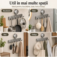 🍳 Suport Cu Cârlige Cu Ventuză Vacuum – Instalare Instant Fără Găurire, Susținere Puternică și Reutilizabil!