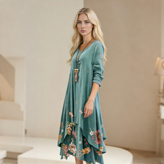 Női mintás hosszú ujjú ruha aszimmetrikus szegéllyel – elegáns, nőies hosszú ruha