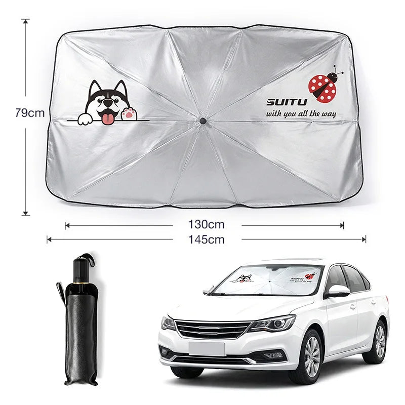 Umbrelă parasolar auto pentru parbriz, cu strat de argint titan anti-UV, izolație termică și imprimeu cu animale animate, design pliabil retractabil