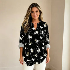 Cămașă de Damă Lejeră cu Imprimeu Floral Vintage, Guler în V cu Nasturi, Bluză Vaporoasă de Vară cu Mânecă Lungă Suflecată, Stil Casual-Elegant