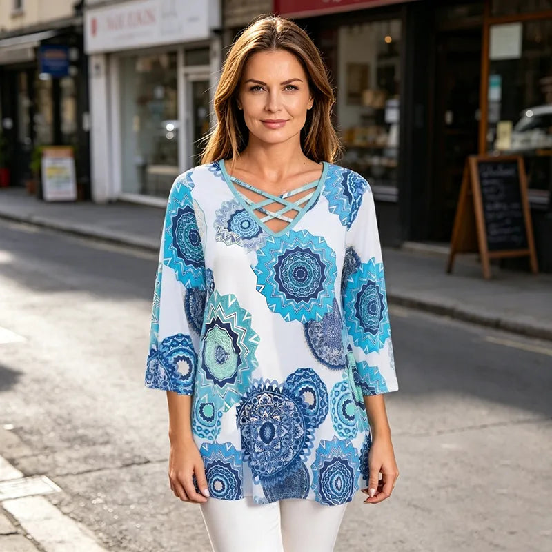 Tricou de Vară Dama Marimi Mari S-3XL: Imprimeu Retro, Decolteu în V cu Bretele Încrucișate, Material Moale