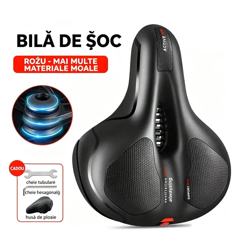 Șa Bicicletă Universală MTB, Extra Lată și Confortabilă cu Spumă cu Memorie – Design Ergonomic Respirabil cu Decupaj Central și Bile Antişoc pentru Drumuri Lungi