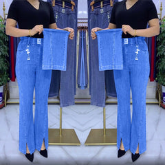 Női magas derekú farmernadrág vastag, rugalmas farmeranyagból – Karcsúsító fazon (S–4XL)