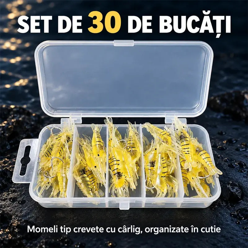 🎣 Momeală Realistă, Gata de Pescuit! Set de 30 Creveți Artificiali cu Cârlig Integrat! Aspect Super-Realist · Material Flexibil PVC · Momeală Ideală pentru Orice Apă!