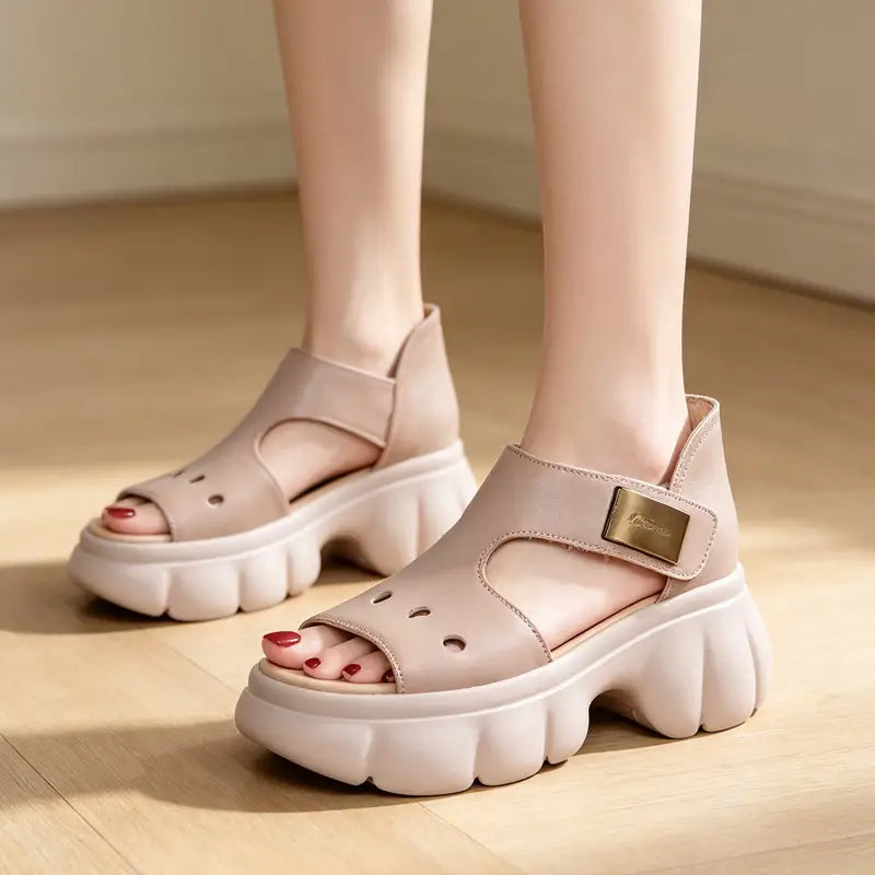 Sandale cu Platformă Groasă pentru Femei - Din Piele Moale, Design Decupat cu Degete Decupate, Talpă Ultra-Ușoară și Antiderapantă, Stil Casual de Vară