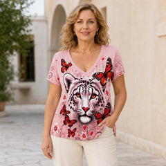 🛍️ Stil Jucăuș de Vară! Tricou Trend Plus Size cu Decolteu în V și Imprimeu Animal | L-4XL