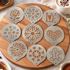 ☕ Set 9 Şabloane din Inox pentru Decorare Cafea și Deserturi – Transformați cappuccino-ul și prăjiturile în opere de artă! 🍰✨