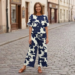 Costum de Vară din Două Piese pentru Femei, Set Casual cu Bluză Mânecă Scurtă și Pantaloni Lungi Largi, Imprimeu Floral Modern