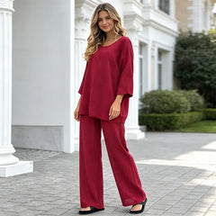 Compleu de Vară din 2 Piese pentru Femei – Bluză Lejeră și Pantaloni Lungi cu Șnur, Material Moale, Respirabil și Confortabil, Stil Casual-Elegant
