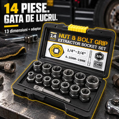 🛠️ Soluția Profesională pentru Șuruburi Blocate! Set Extractor de Piulițe și Șuruburi Deteriorate (14 Piese)! Oțel CrMo Ultra-Rezistent · Profil Anti-Alunecare · Cu Cutie de Transport!