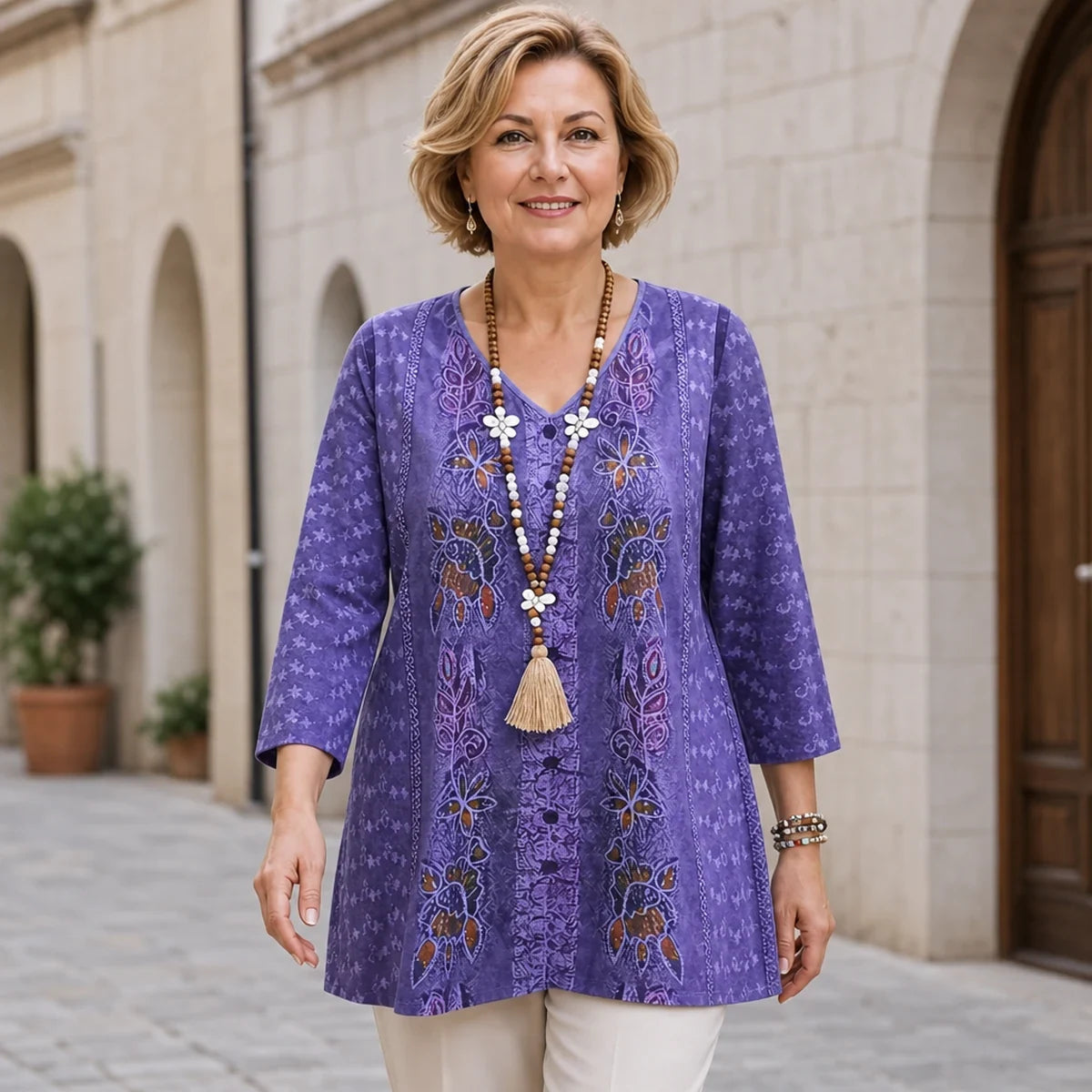 🛍️ Stil Boem Plus Size! Bluză Retro cu Imprimeu, Decolteu în V și Mânecă 3/4 | XL-5XL