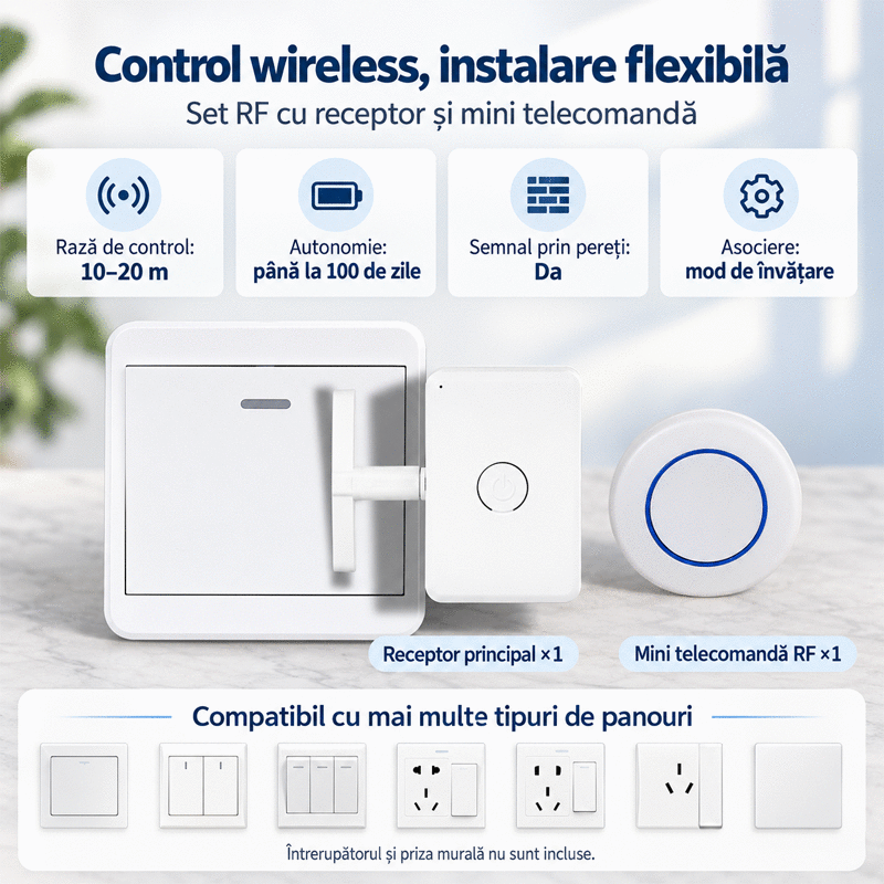 💡 Comutator Inteligent Fără Fir cu Telecomandă RF – Controlează Lumina de la Distanță Fără Modificarea Cablurilor – Se Lipeste Ușor, Ideal pentru Dormitor, Living și Persoane În Vârstă!
