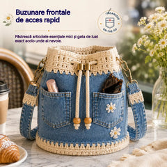 Geantă Tip Galeată Vintage din Denim și Croșet cu Momițe / Margarete Brodate – Buzunare Frontale Practice, Închidere cu Snur și Bareta de Umăr Removabilă