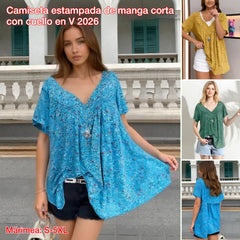 🔥👚【S-5XL】Camiseta estampada de manga corta con cuello en V 2026