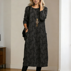 【S-3XL】Új, mintás, kerek nyakú ruha zsebekkel