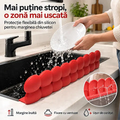 💦 Barrieră din Silicon Anti-Stropire pentru Chiuvetă! Înălțime 9.3cm · Ventuze Puternice · Silicon Flexibil și Rezistent · Păstrează Blatul Uscat!