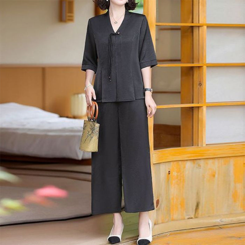 👚👖【Set 2 piese: bluză + pantaloni】✨Set elegant premium din satin de mătase de dud, cu efect de subțiere și stil rafinat