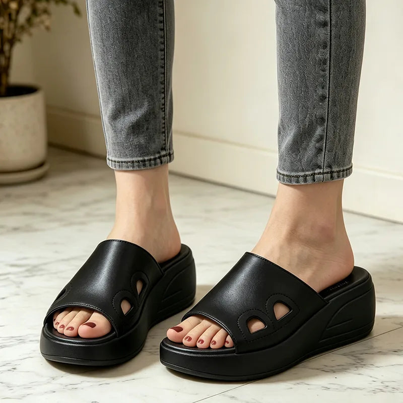 ⚫⚪【Model îmbunătățit din piele naturală de top】Papuci eleganți din piele naturală, cu talpă moale și platformă tip wedge