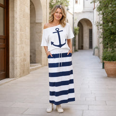 【Hit de Vară 2026】Set Casual în Stil Marin: Tricou din Bumbac cu Imprimeu Anchor + Fustă Lungă în Dungi, Mărimi S-5XL! ⚓💙