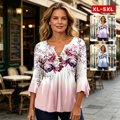 【XL-5XL】Bluză damă cu imprimeu floral, decolteu în V – lejeră, elastică, avantajează silueta