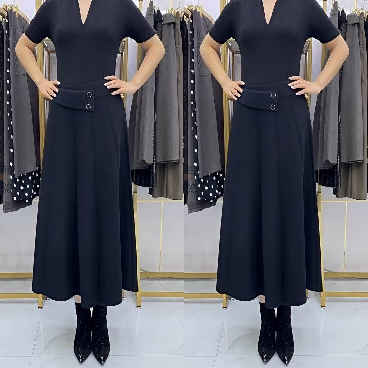 Elegáns, magas derekú gyapjú hatású midi szoknya – aszimmetrikus díszgombos kialakítással