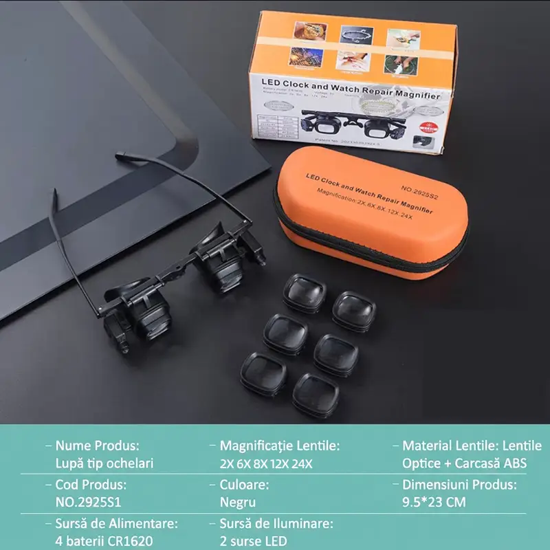 Lupă de Cap Tip Ochelari cu Lumină LED 24X - Pentru Reparații Ceasuri și Lipire Componente Electronice, 5 Seturi de Lentile Interschimbabile (2X/6X/8X/12X/24X)