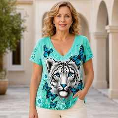 🛍️ Stil Jucăuș de Vară! Tricou Trend Plus Size cu Decolteu în V și Imprimeu Animal | L-4XL