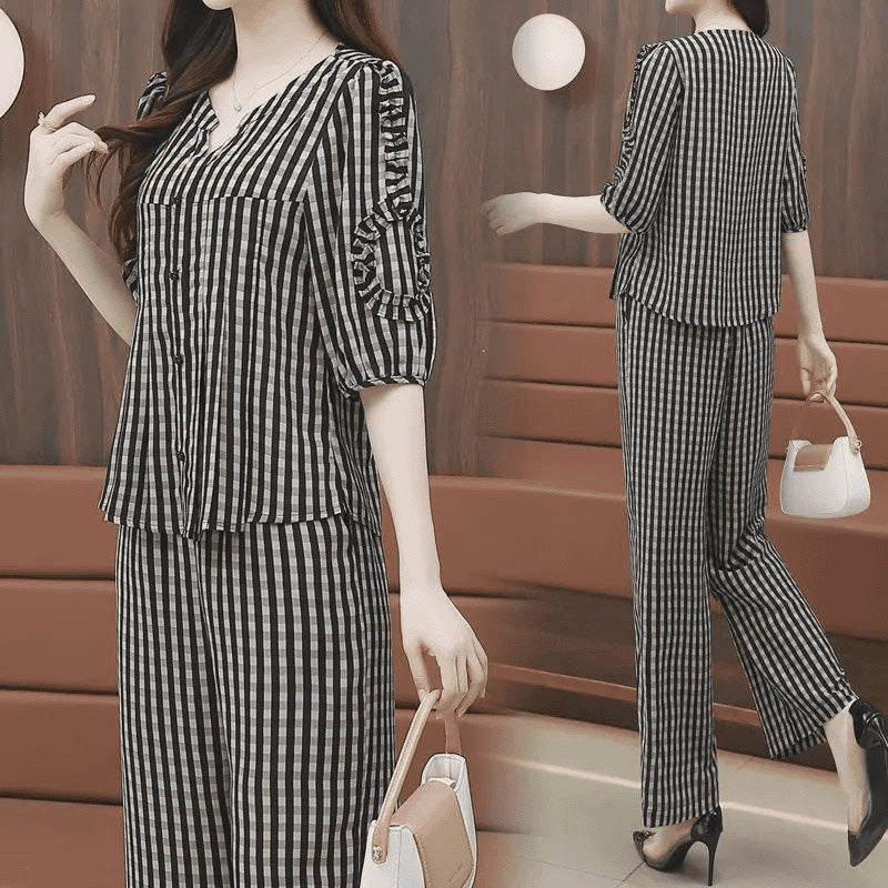 Set Clasic de Damă cu Imprimeu în Carouri, Bluză cu Guler în V și Pantaloni Largi, Croială Elegante, Mărimi M-4XL