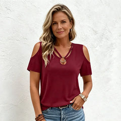 Tricou de Damă Sexy cu Umerii Gol și Inel Metalic – Bluză Casual de Vară, Material Moale, Respirabil și Elastic