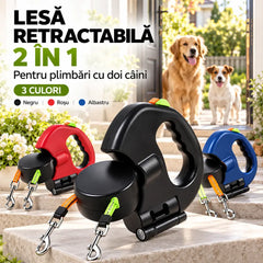 🐕 Lesă Retractabilă Dublă 2 în 1 pentru Doi Câini! Control Independent · Lanternă LED Integrată · Sistem Anti-Încâlcite · Plimbări Confortabile și Sigure!