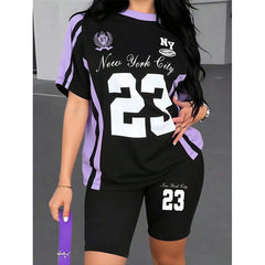 Set de Vară din Două Piese pentru Femei – Tricou Lejer cu Imprimeu Numărul 23 și Colanți Scurți, Stil Sportiv Roz-Negru