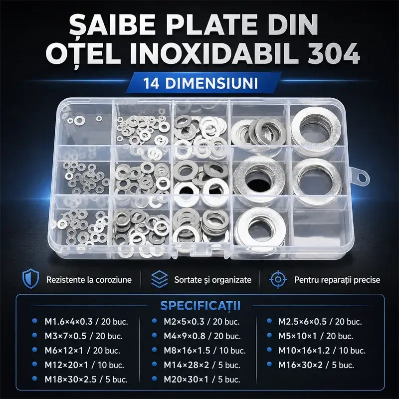 Set Șaibe Plate Subțiri și Îngroșate din Oțel Inoxidabil 304 (M1.6-M20, 14 Dimensiuni) - Șaibe Metalice Rotunde Anti-Rugină cu Cutie de Organizare pentru Șuruburi