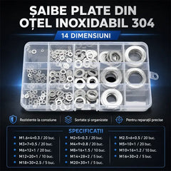 Set Șaibe Plate Subțiri și Îngroșate din Oțel Inoxidabil 304 (M1.6-M20, 14 Dimensiuni) - Șaibe Metalice Rotunde Anti-Rugină cu Cutie de Organizare pentru Șuruburi