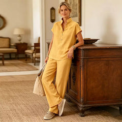 ✨Set de Damă din In și Bumbac – Bluză cu Mânecă Scurtă și Pantaloni Largi, Stil Casual Elegant de Vară