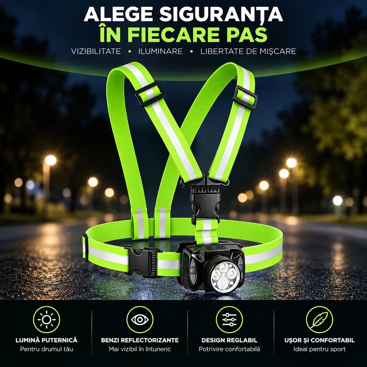 🔦 Lumină de Piept LED pentru Alergare de Noapte – Reîncărcabilă Type-C, Cu Bretele Reflectorizante 360°, 6 Moduri de Iluminare și Unghi Reglabile!