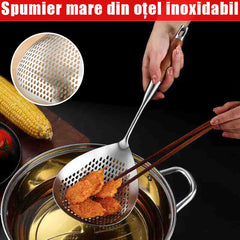 Lingură Spumieră Profesională din Oțel Inoxidabil cu Mâner din Lemn de Lux, Design Ergonomic în Formă de Picătură, Strecurătoare Mare pentru Bucătărie