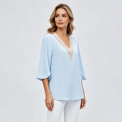 🛍️ Colecția Primăvară-Vară 2026: Bluză Elegantă din Voal cu Decolteu în V Dantelat și Mâneci Crapate ✨ Croială Lejeră și Material Vaporos | 6 Culori, Mărimi S-2XL