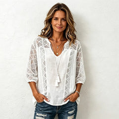 👚 Bluză de Primăvară-Vară cu Dantelă Decupată și Șnur – Croi Lejer, Mâneci 3/4 Anti-Burtică, 5 Culori, Mărimi S-5XL! 🌸✨