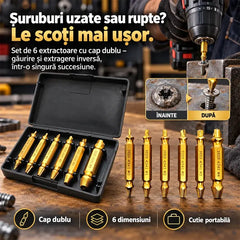 🔩 Set 6 Extractoare de Șuruburi Deteriorate din Oțel HSS 4341! Cap Dublu (Găurire și Extragere) · Potrivit pentru Șuruburi Uzate, Rupte sau Ruginite · Cutie Portabilă Inclusă!